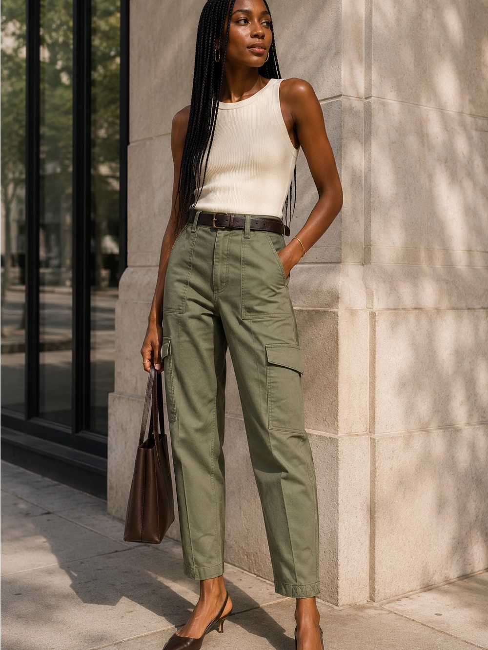 JASON WU Olive Green Military Inspired High Rise Cotton Cargo Pants, M
